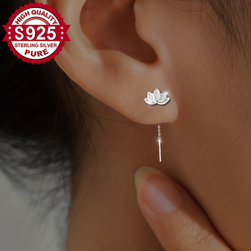 Women's S925 Silver Lotus Flower Ear Thread Earrings